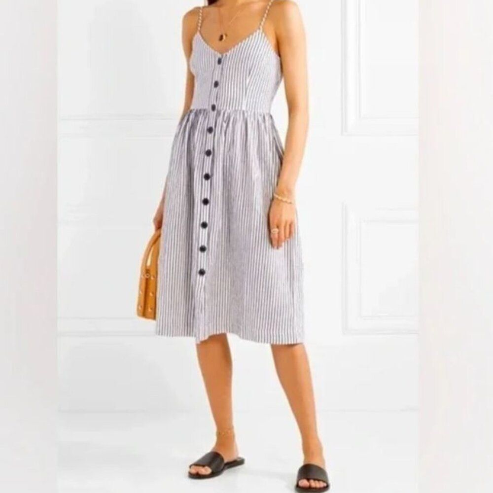ATM Midi Dress Linen Cotton Striped Button-Front Sz L Coastal Beachy Resort